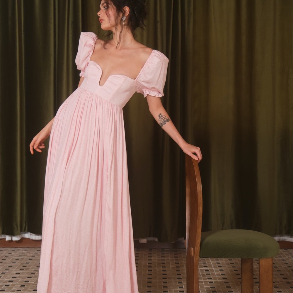 Maison Amory “Fairydust Gown” Puff-Sleeve Pink Maxi Dress Sweetheart Neckline